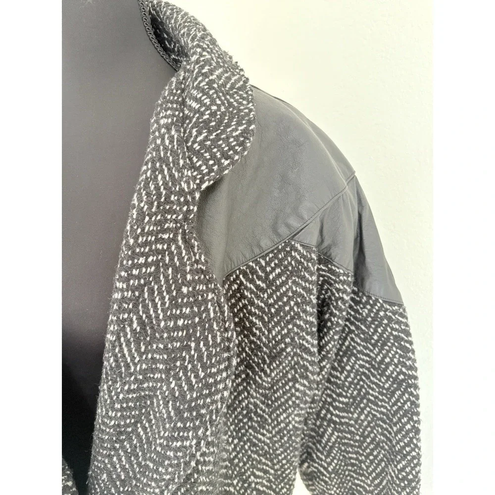 Vintage 80s Herringbone Tweed Wool Coat Leather Trim‎ Working Girl Blazer 9-10